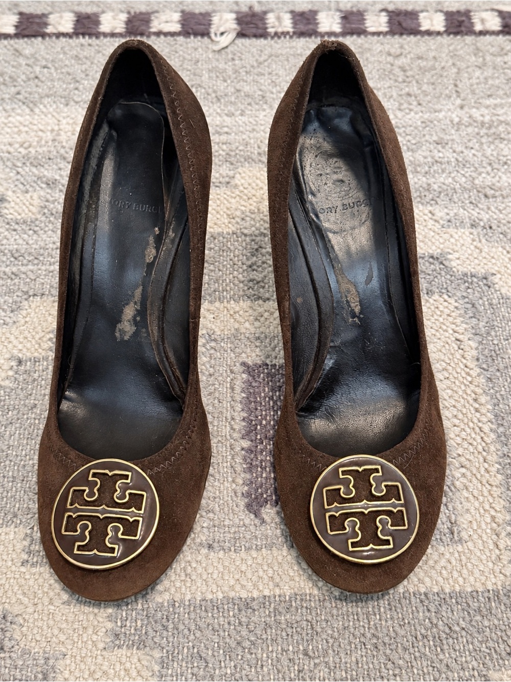 Tory Burch Dark Brown Suede Logo Wedge Pumps with Gold Medallion, Size 8.5